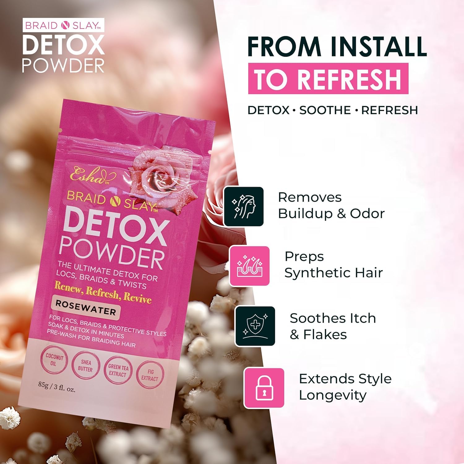 Esha Detox Kit powder-bottle close up with grapefruit detox powder.