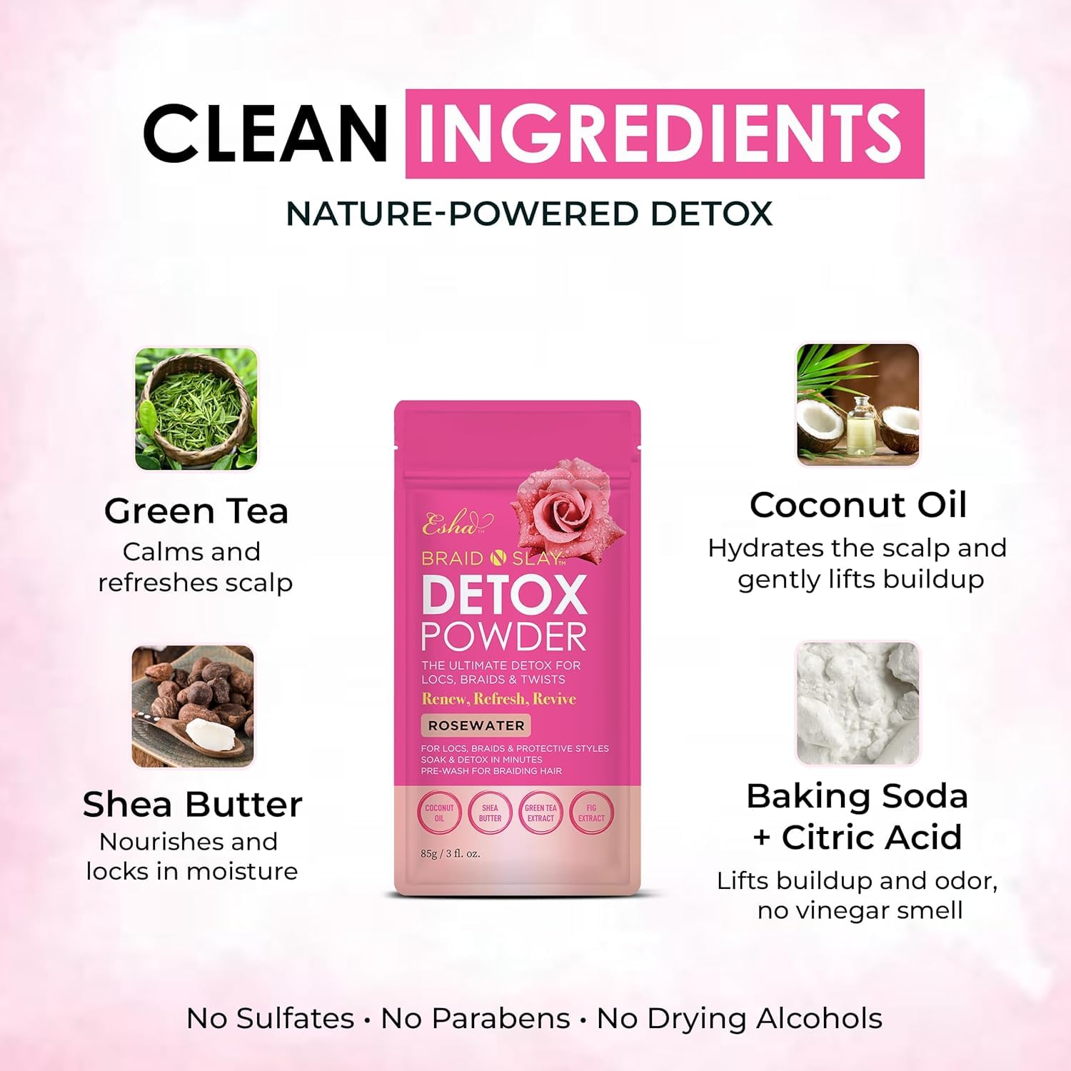 Esha grapefruit-detox-powder bottle highlights detoxifying buildup on hair.