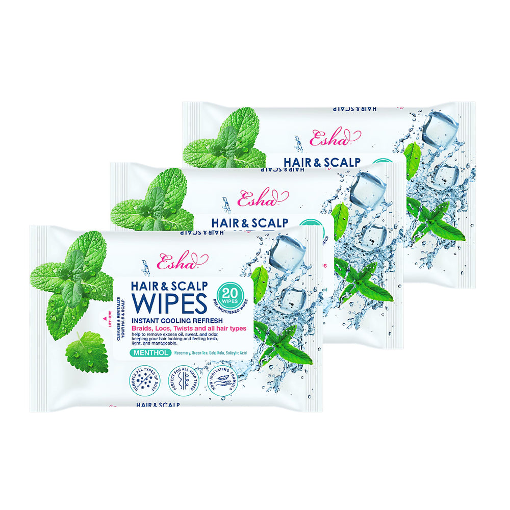 Esha Hair & Scalp Wipes bottle pour for a quick waterless refresh.