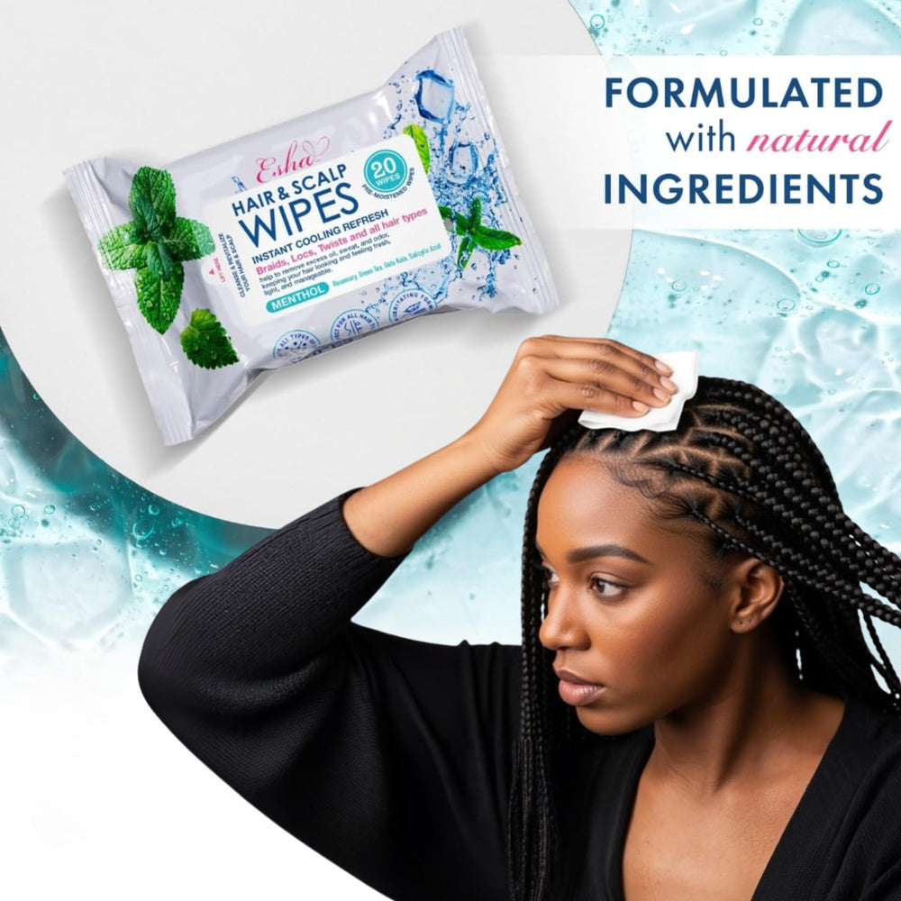 Esha Hair & Scalp Wipes travel-friendly compact pack.