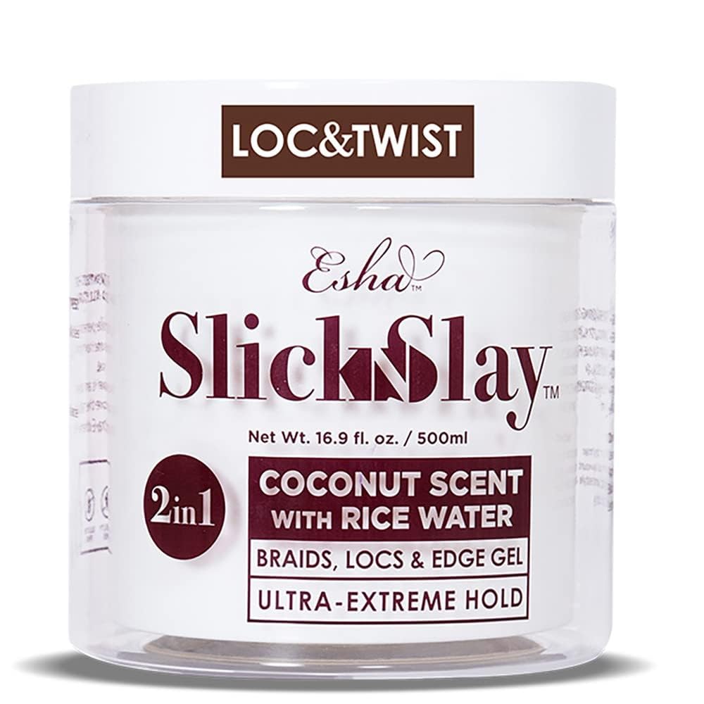 Esha Slick N Slay bottle shows coconut braiding gel for easy styling and long-lasting hold.
