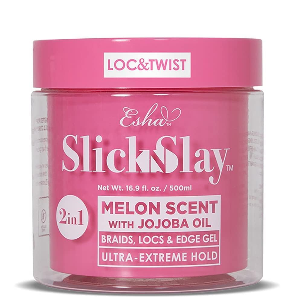 Esha Slick N Slay braiding gel bottle showing ultra hold and shine