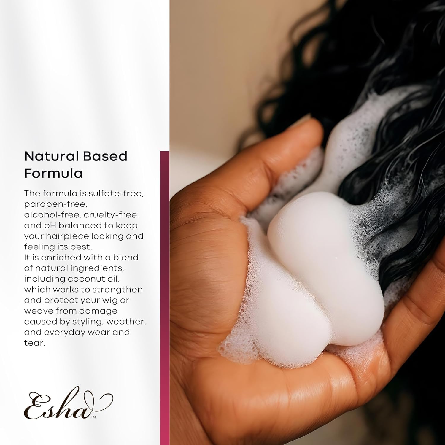 Esha Wig Revival Kit in-use shot demonstrates simple wig care routine.
