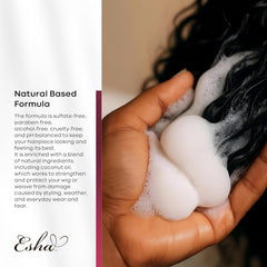 Esha Wig Revival Kit in-use shot demonstrates simple wig care routine.