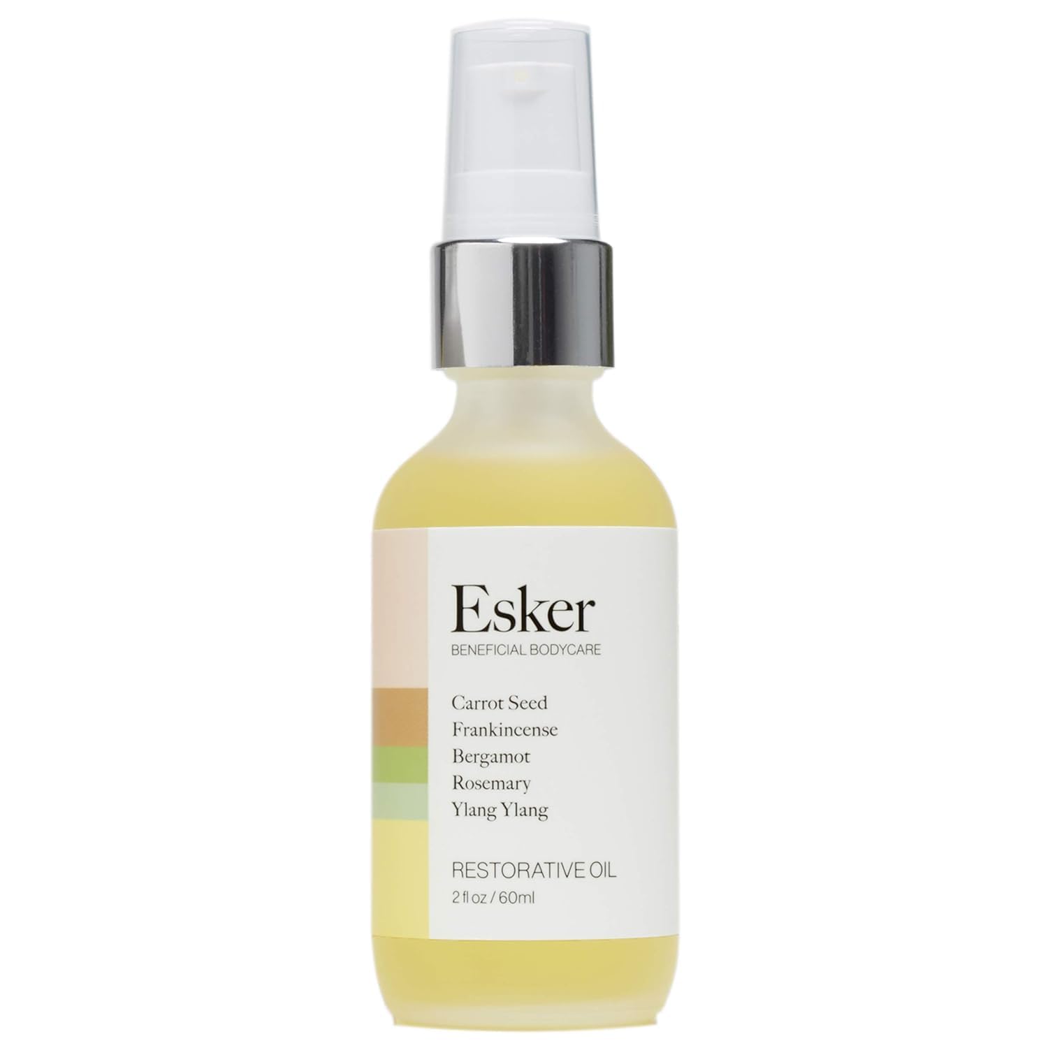 ESKER Restorative Body Oil bottle closeup shows premium hydration and antioxidant-rich formula.