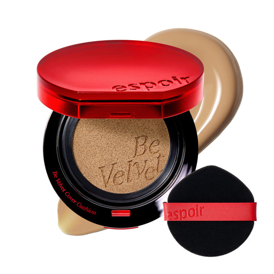 Espoir Be Velvet Cushion Foundation Ginger Olive puff application for quick, even coverage