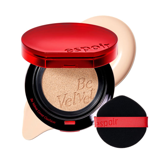 Espoir Be Velvet Cushion Foundation Porcelain cap close-up, compact for on-the-go touch-ups