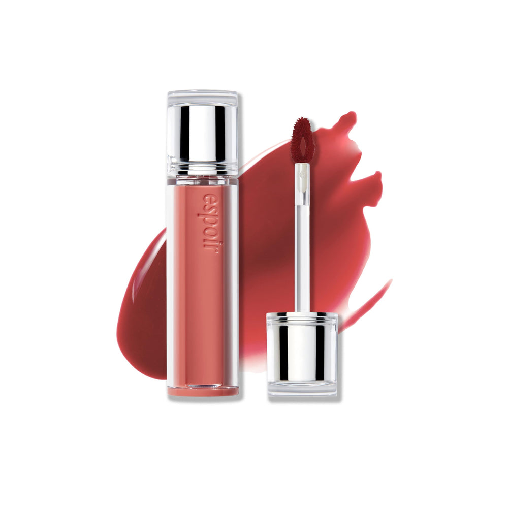 Espoir Couture Lip Tint Glaze Under Mauve bottle close-up shows glossy, non-sticky shine