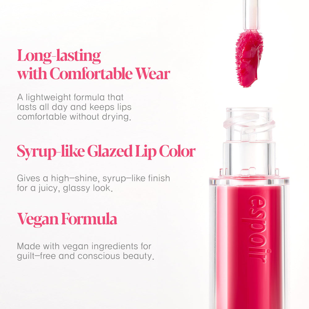 Espoir Couture Lip Tint Glaze on lips delivering vibrant gloss and plump color