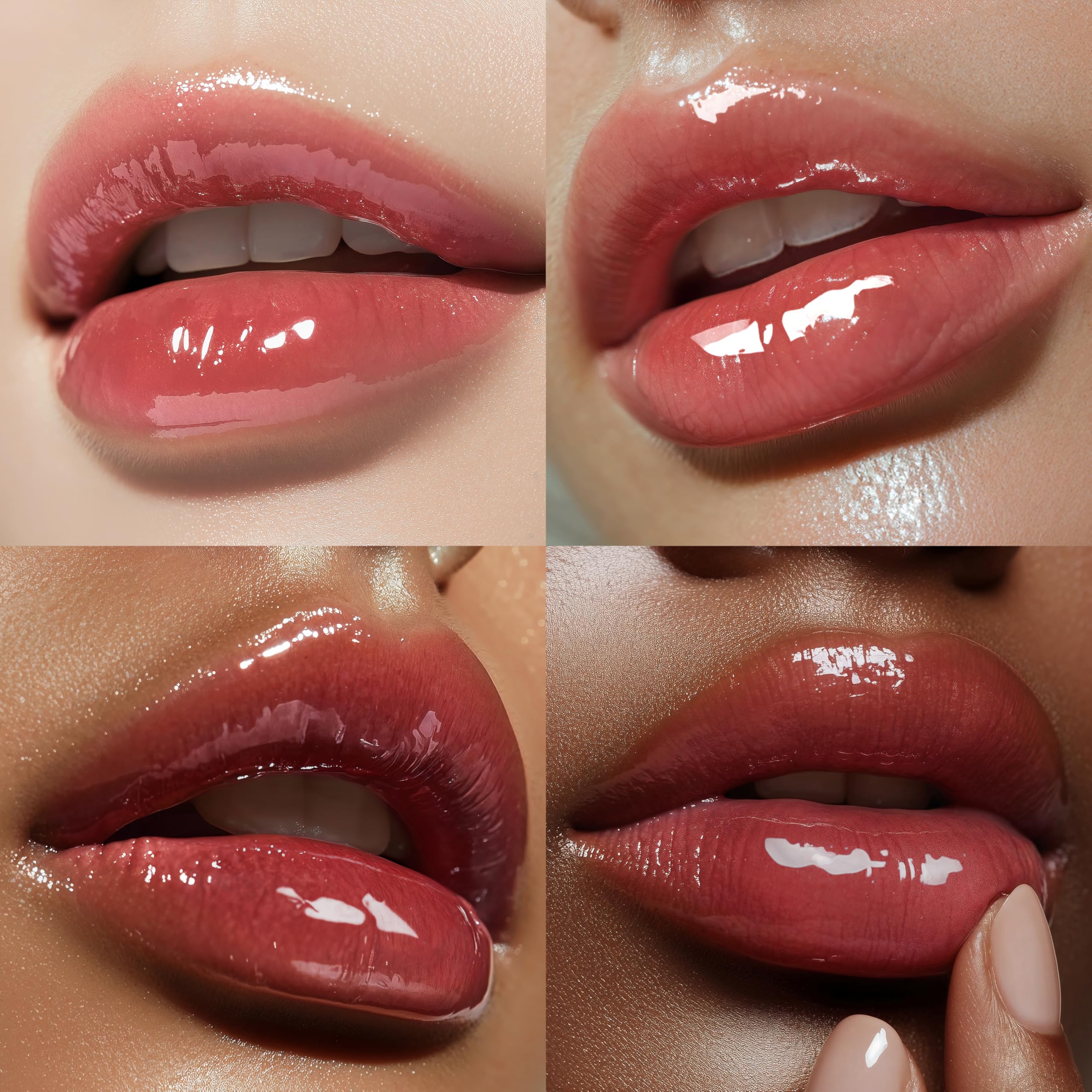 Swatches of Espoir Couture Lip Tint Glaze Under Mauve on multiple skin tones