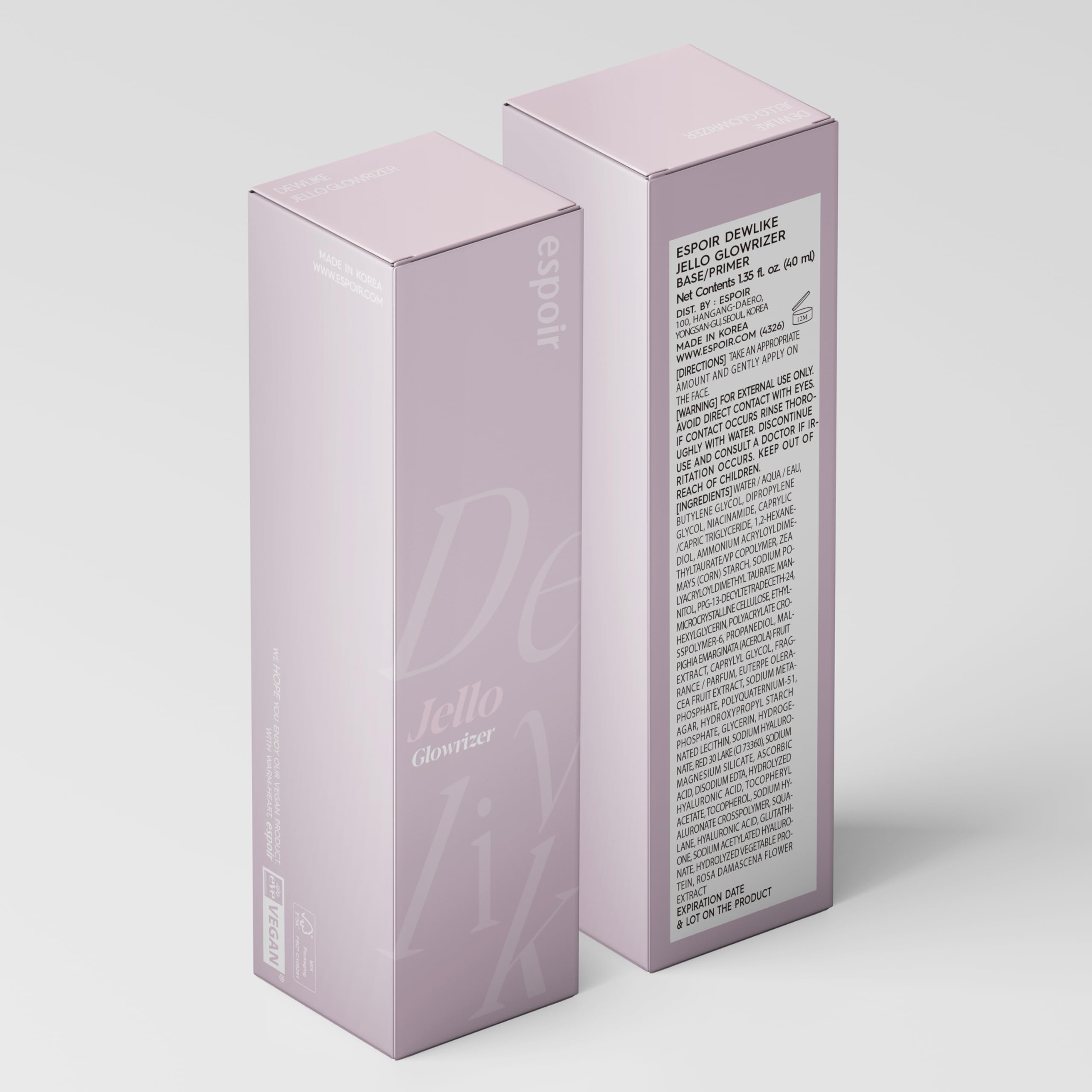 Espoir Glowrizer bottle beside foundation-ready finish on a clean surface.
