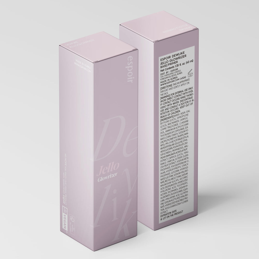 Espoir Glowrizer bottle beside foundation-ready finish on a clean surface.