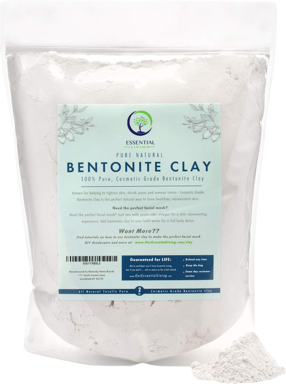 Essential Living Bentonite Clay Powder packaging for cosmetic-grade deep cleansing.
