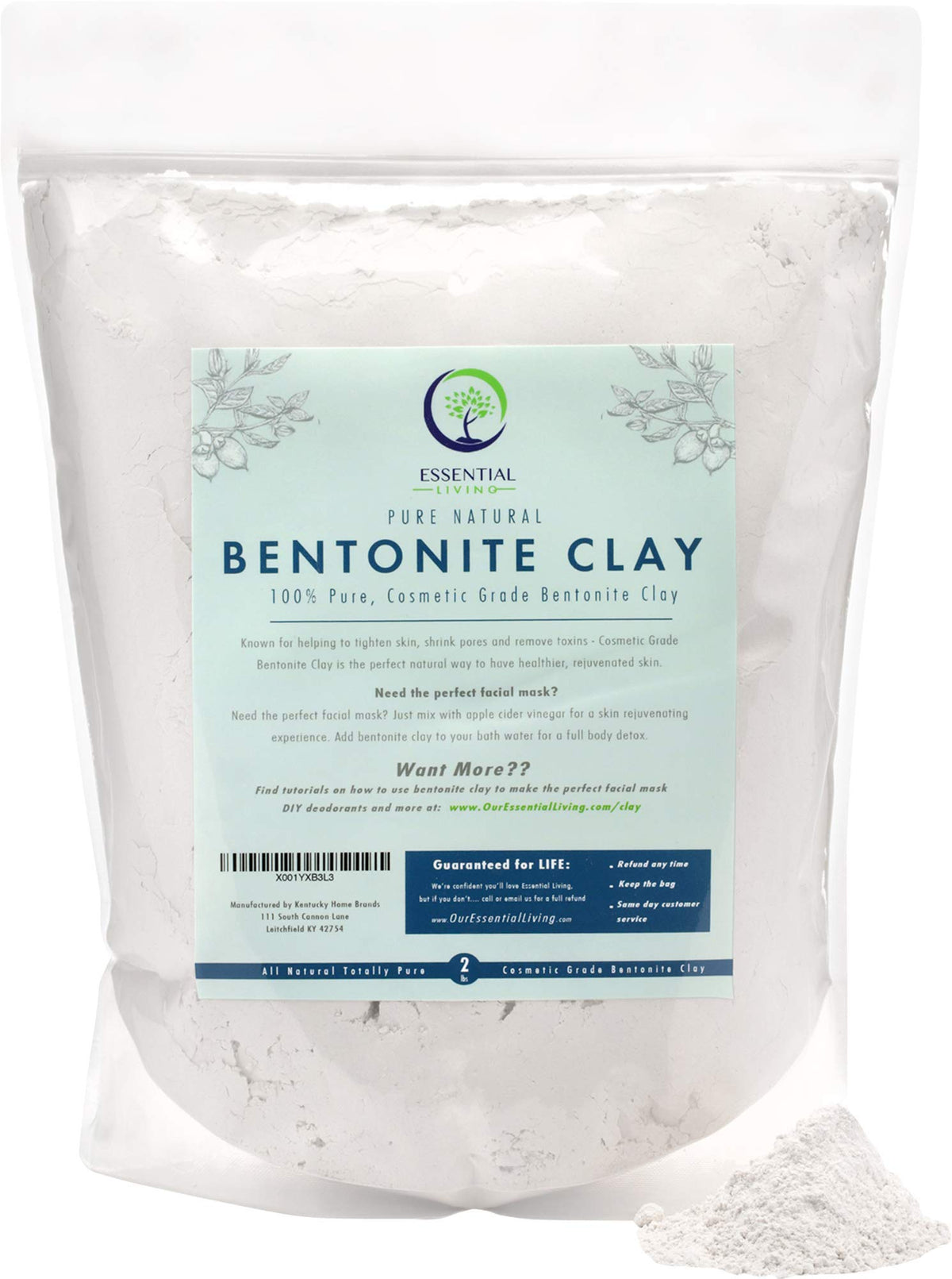 Essential Living Bentonite Clay Powder packaging for cosmetic-grade deep cleansing.