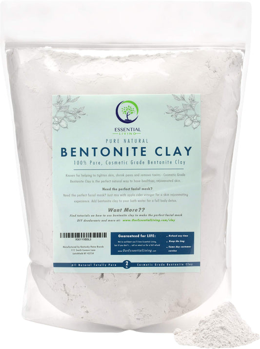 Essential Living Bentonite Clay Powder packaging for cosmetic-grade deep cleansing.
