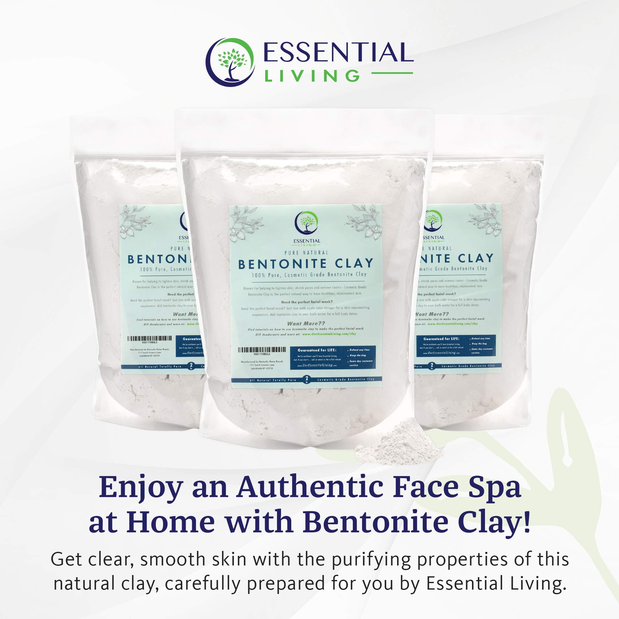 Essential Living Bentonite Clay Powder texture close-up for oil absorption.