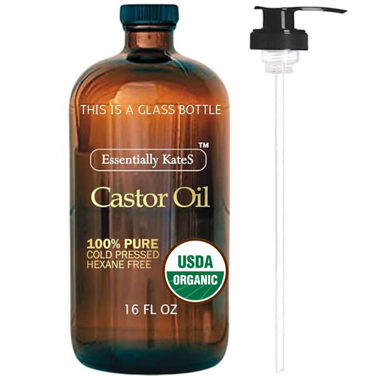 Essentially KateS Castor Oil in amber glass bottle protecting freshness