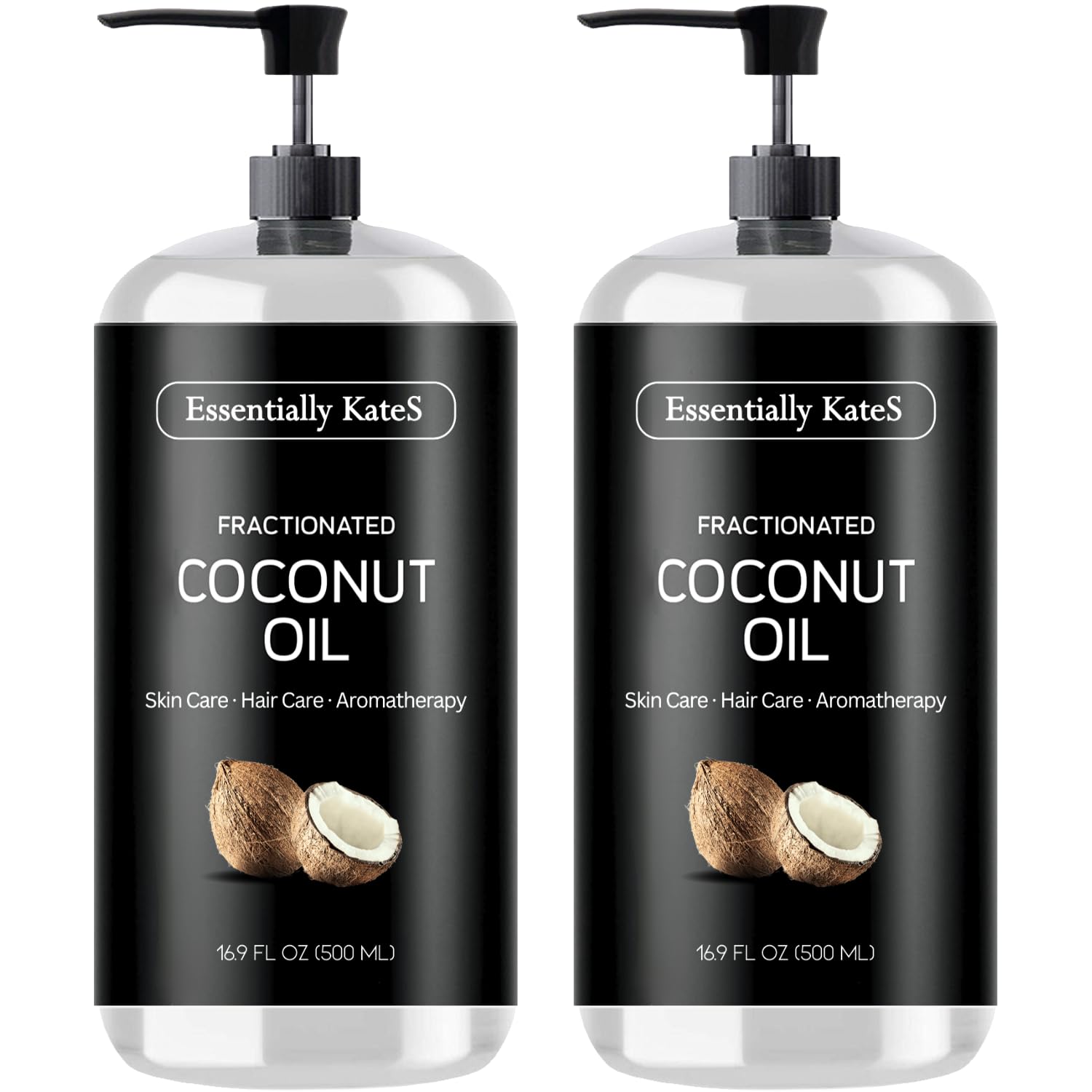 Essentially KateS fractionated coconut oil bottle pour; scent-free base for skin and hair care.