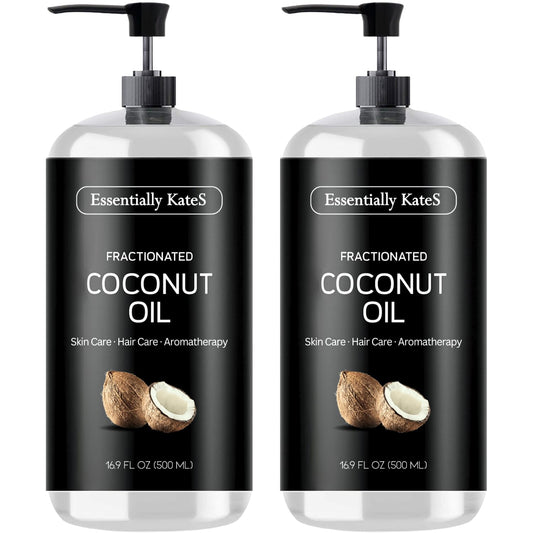 Essentially KateS fractionated coconut oil bottle pour; scent-free base for skin and hair care.