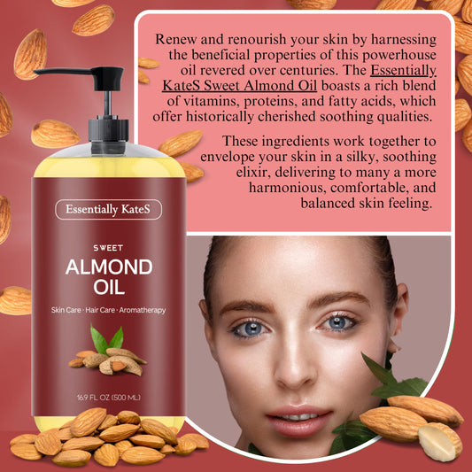 Essentially KateS Sweet Almond Oil bottle side highlighting 100% pure quality.