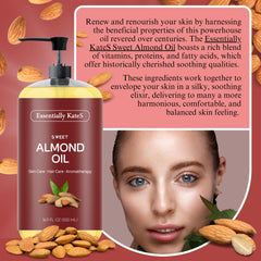 Essentially KateS Sweet Almond Oil bottle side highlighting 100% pure quality.