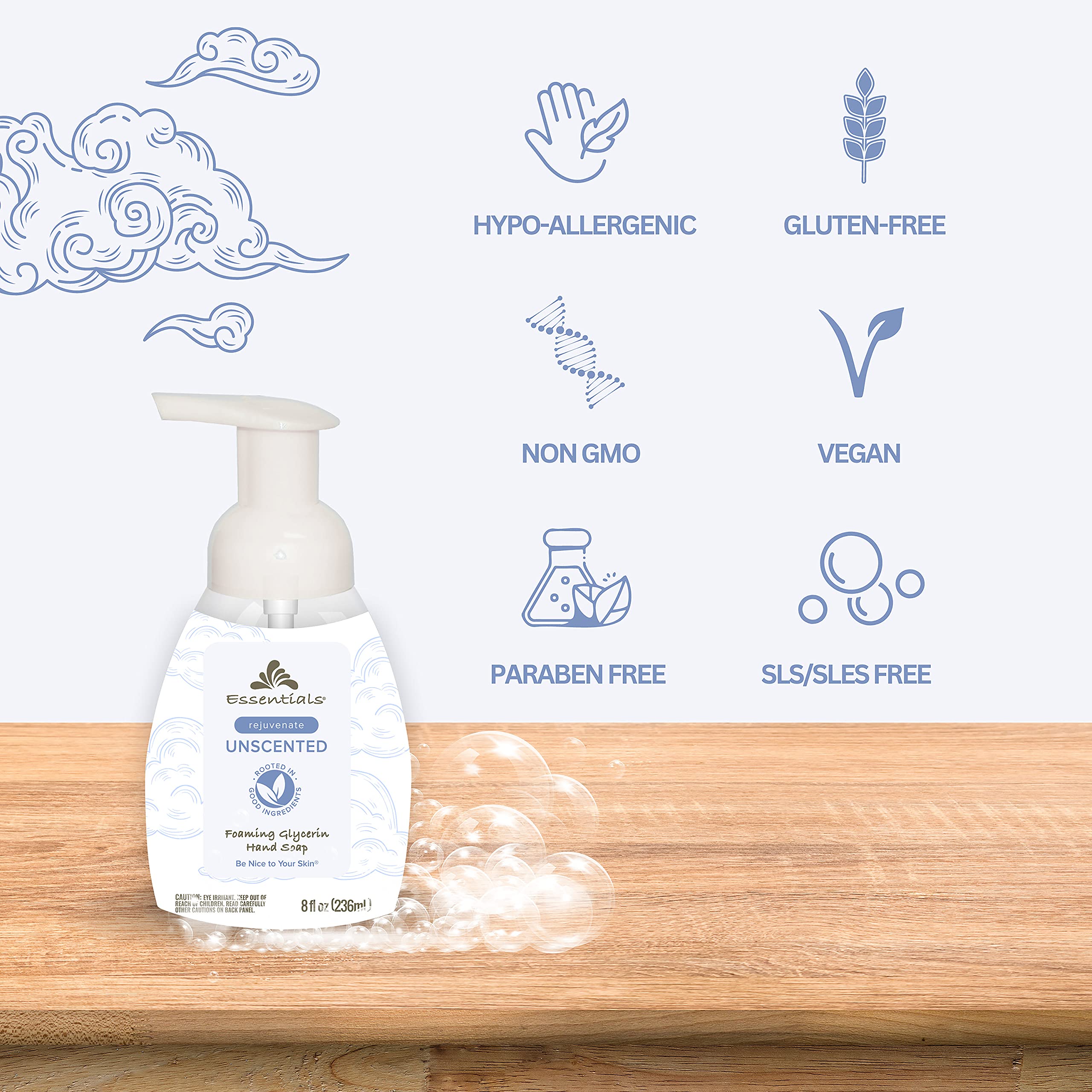 Essentials foaming glycerin hand soap pump-dispense action for easy use