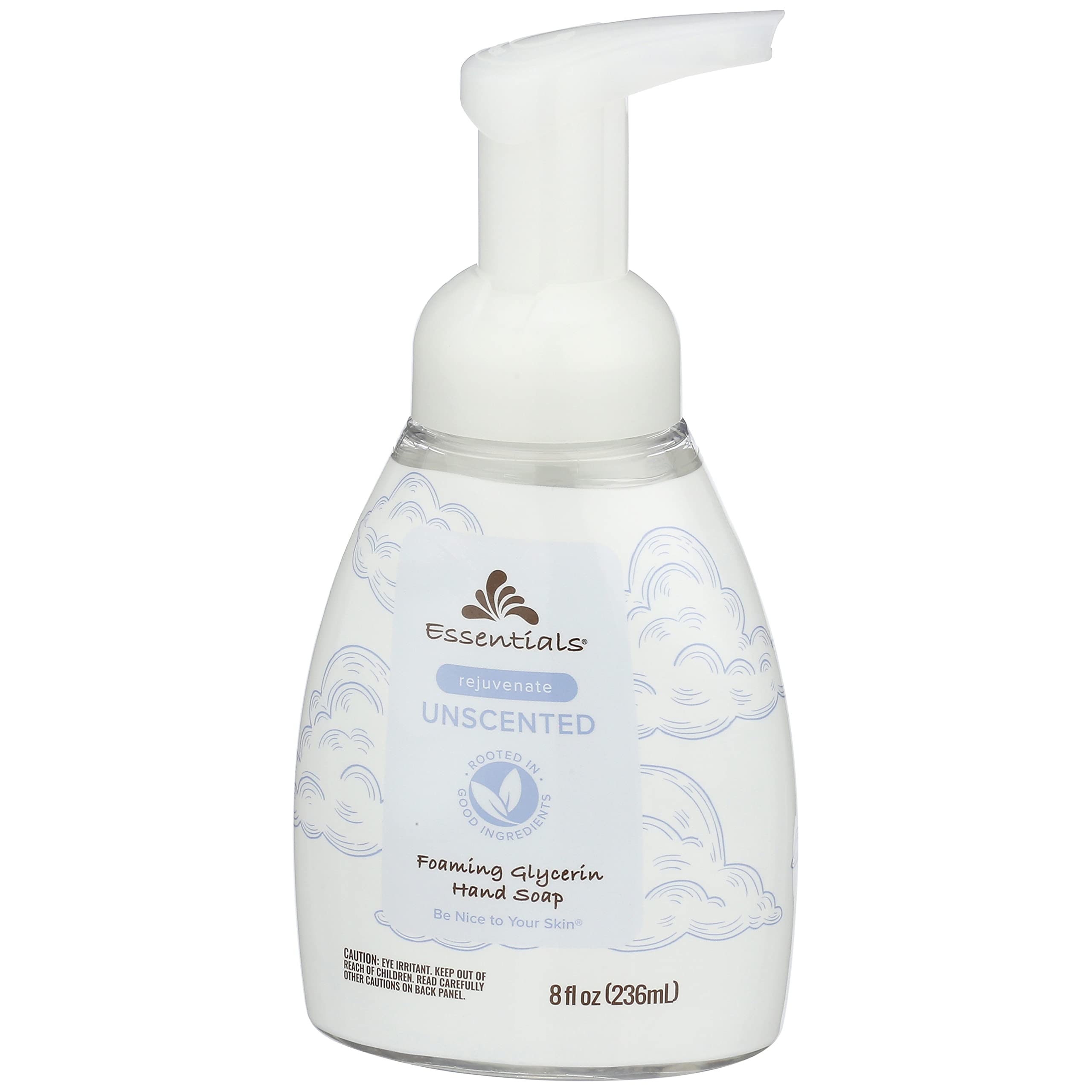 Essentials foaming glycerin hand soap unscented label close-up shows skin-friendly formula