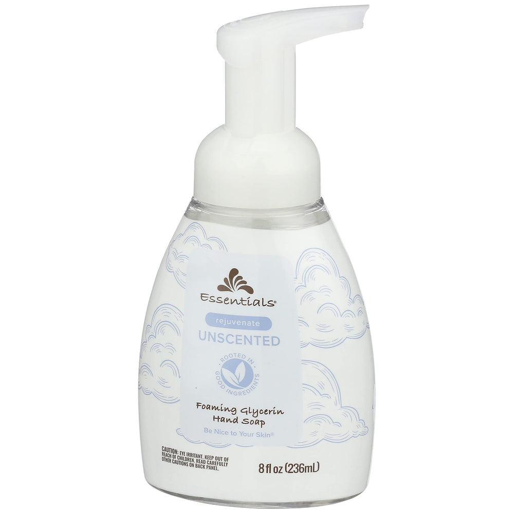 Essentials foaming glycerin hand soap unscented label close-up shows skin-friendly formula