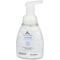 Essentials foaming glycerin hand soap unscented label close-up shows skin-friendly formula