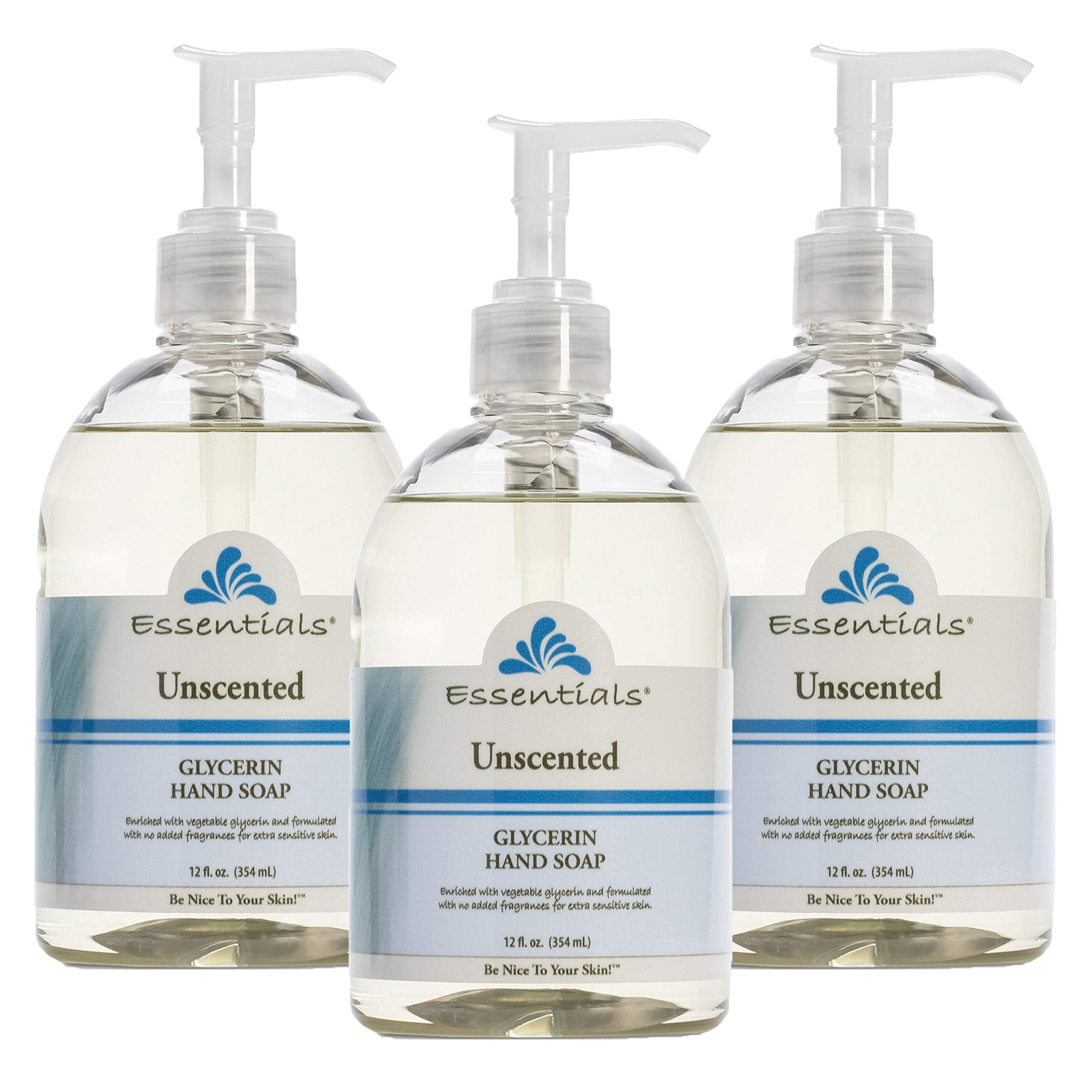 Essentials glycerin hand soap unscented 3-pack bottles for gentle cleansing and moisturization.