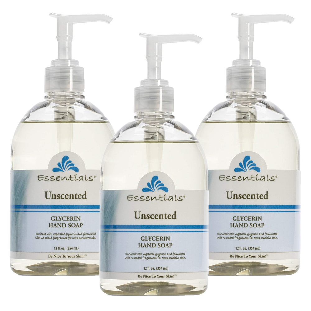 Essentials glycerin hand soap unscented 3-pack bottles for gentle cleansing and moisturization.