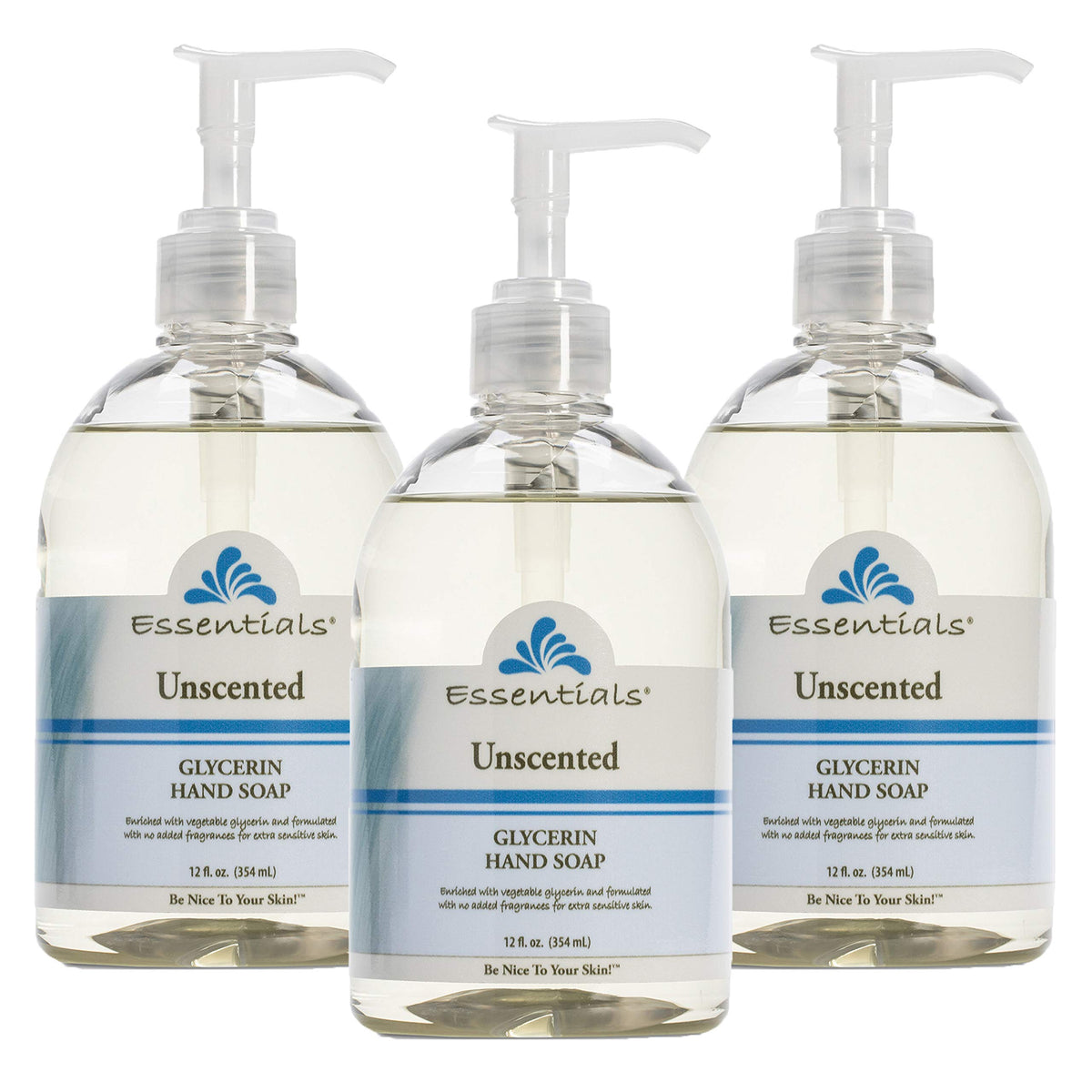 Essentials glycerin hand soap unscented 3-pack bottles for gentle cleansing and moisturization.