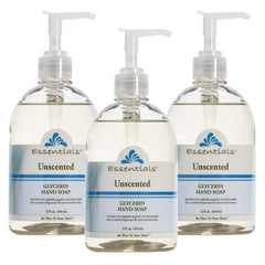 Essentials glycerin hand soap unscented 3-pack bottles for gentle cleansing and moisturization.