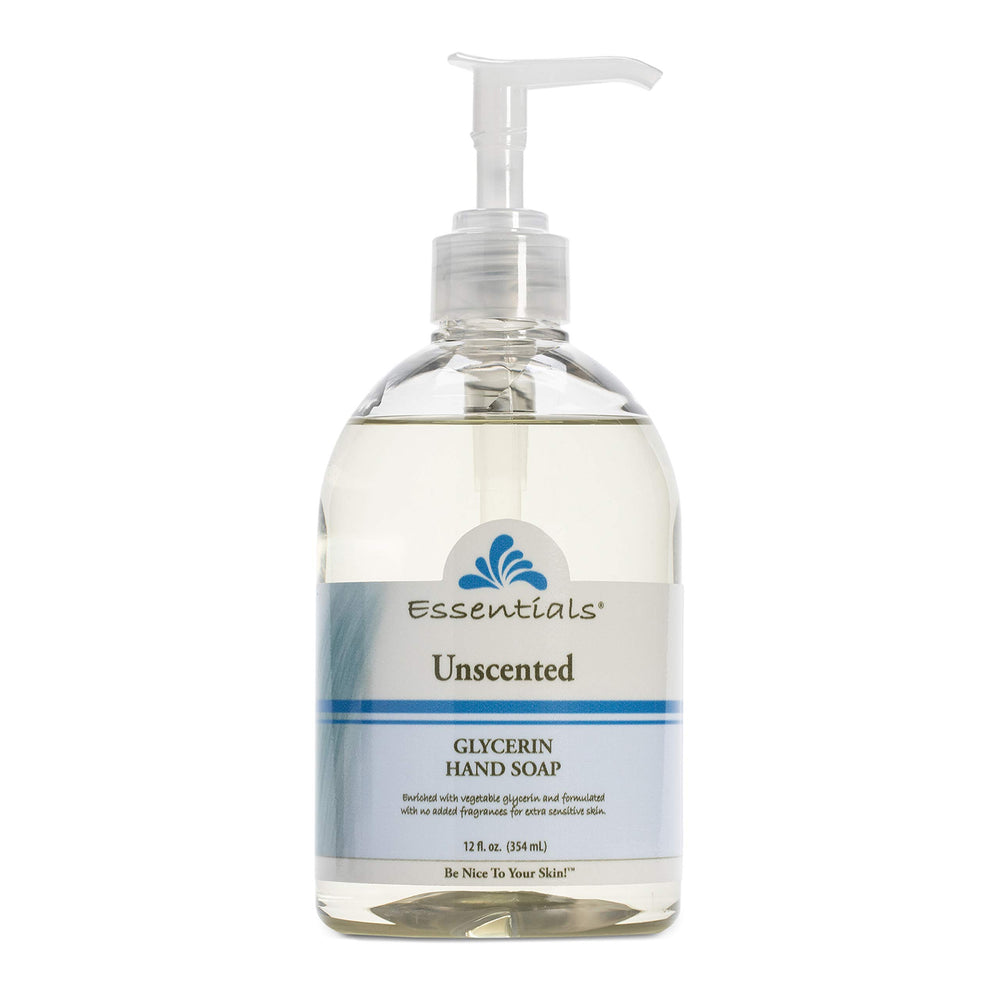 Essentials glycerin hand soap bottle highlighting aloe vera and vitamin E for nourishment.