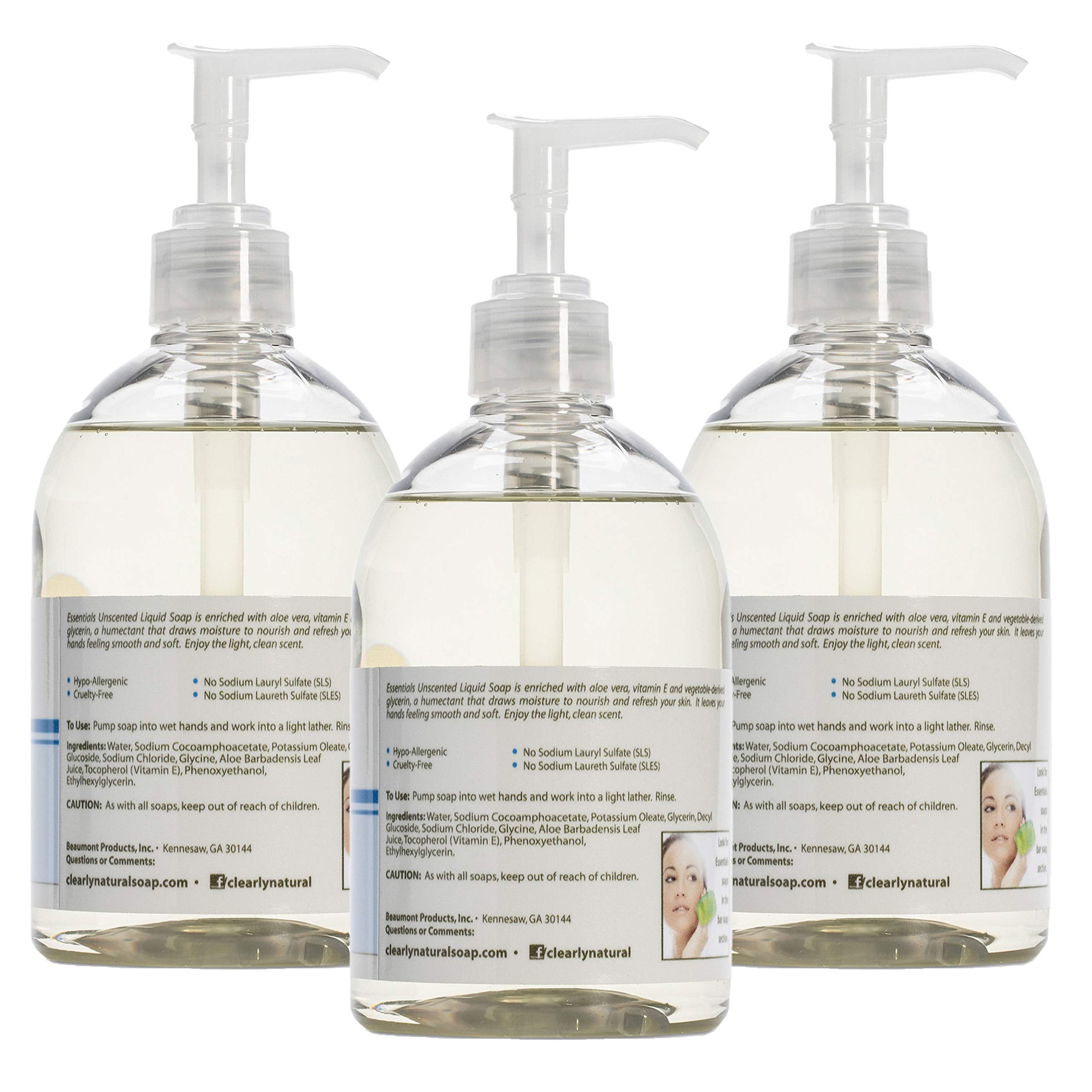 Essentials unscented hand soap pump close-up, ideal for sensitive skin and daily use.