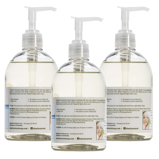 Essentials unscented hand soap pump close-up, ideal for sensitive skin and daily use.