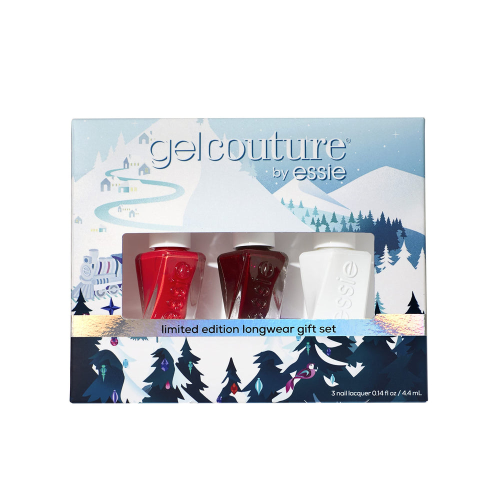 essie Gel Couture holiday red bottle demonstrates long wear and gel-like shine without UV light