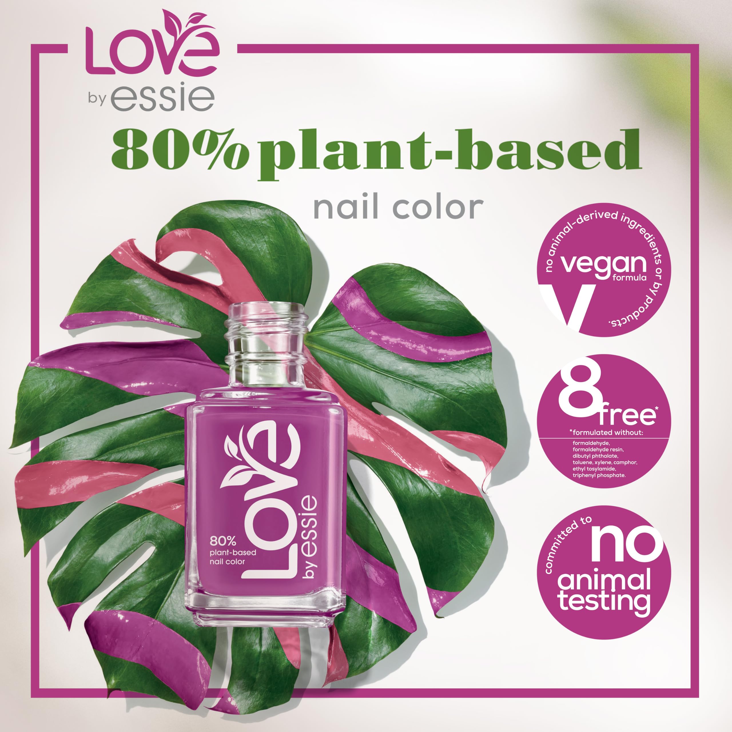 Base and top coat steps with LOVE by essie for a durable finish.