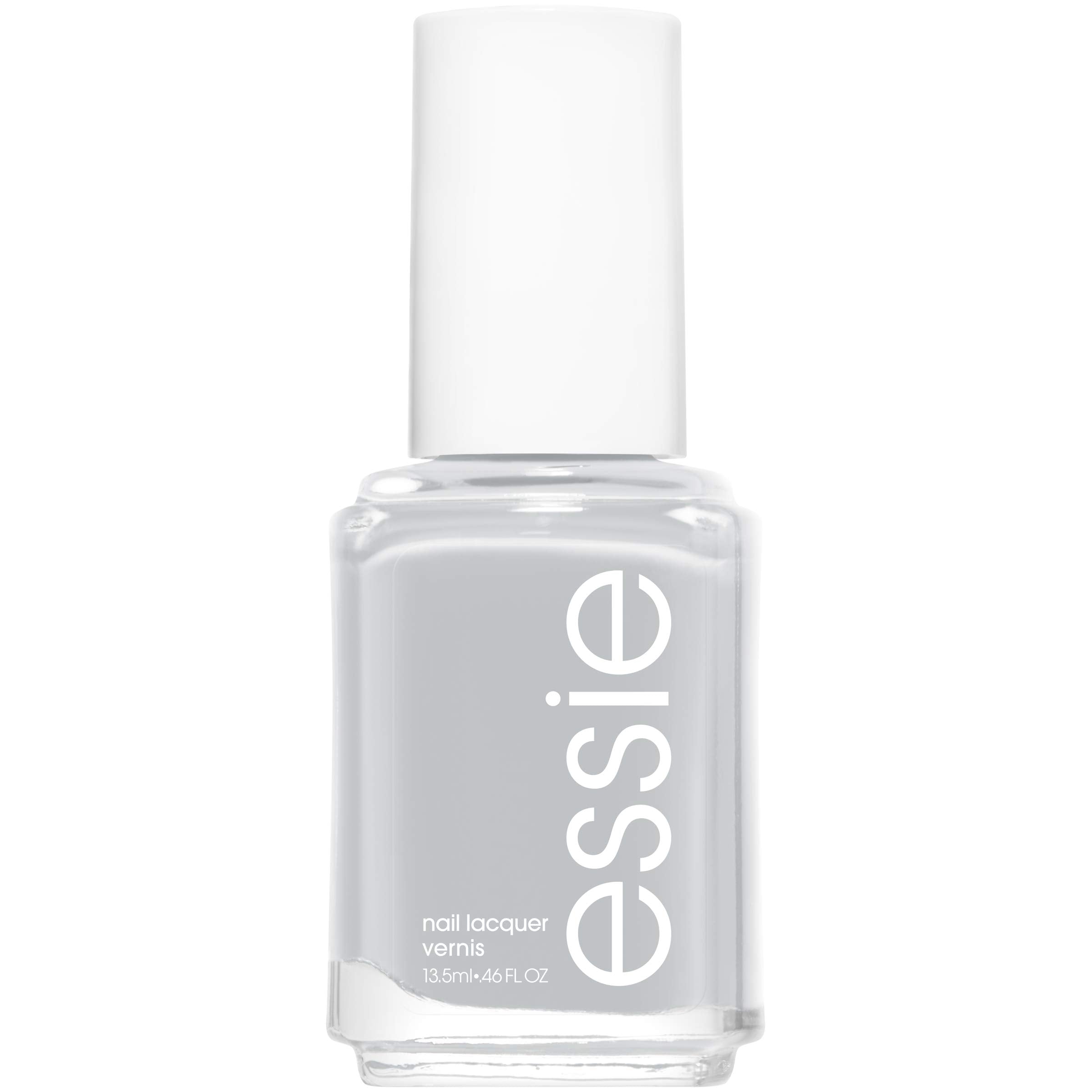Essie Press Pause nail polish bottle shows a glossy gray cream finish for a polished look.