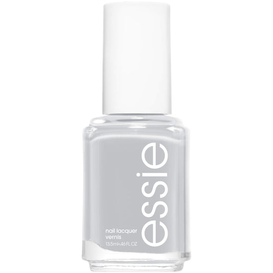 Essie Press Pause nail polish bottle shows a glossy gray cream finish for a polished look.