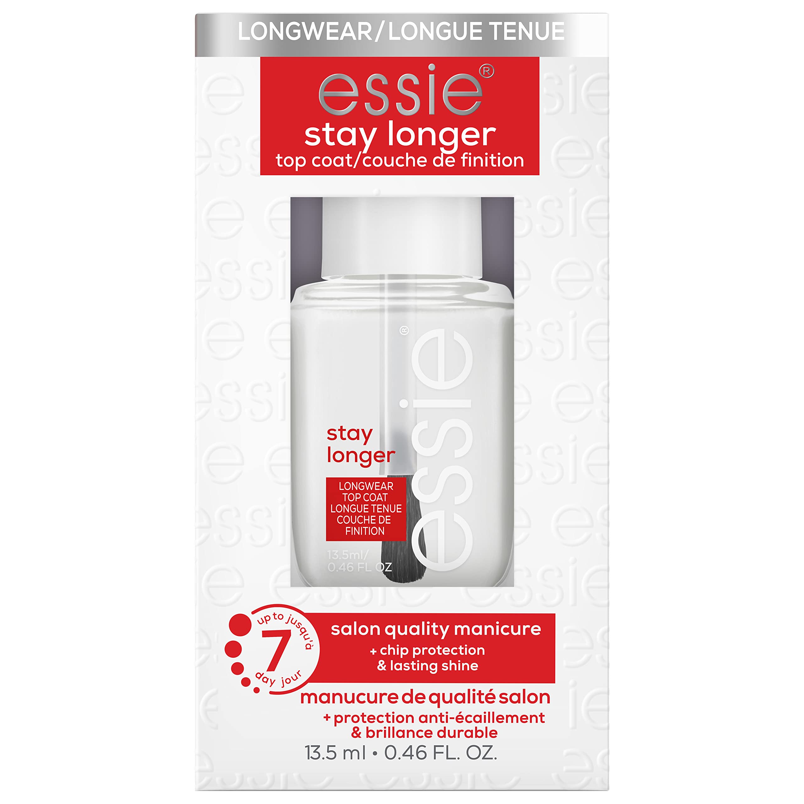 essie Stay Longer top coat bottle showing chip protection and lasting shine.