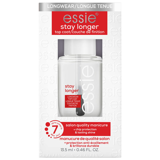 essie Stay Longer top coat bottle showing chip protection and lasting shine.