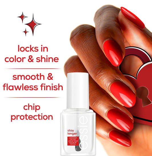 essie Stay Longer top coat brush applies for a long-lasting manicure.