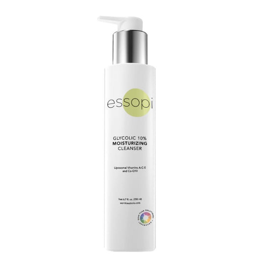essopi Glycolic 10% Moisturizing Cleanser bottle shows gentle exfoliation for brighter skin