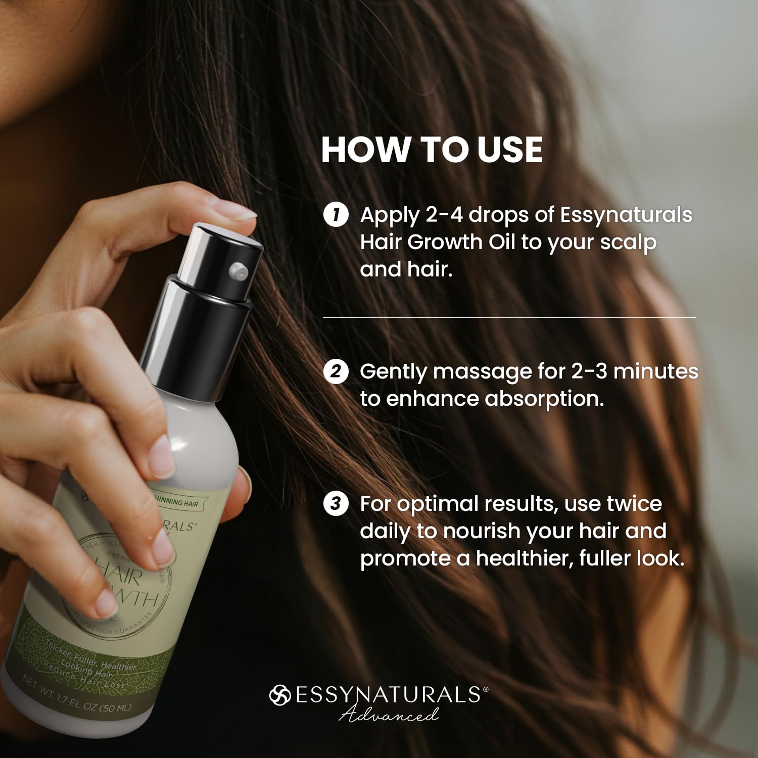 EssyNaturals Advanced Hair Growth Oil applying on scalp during routine.