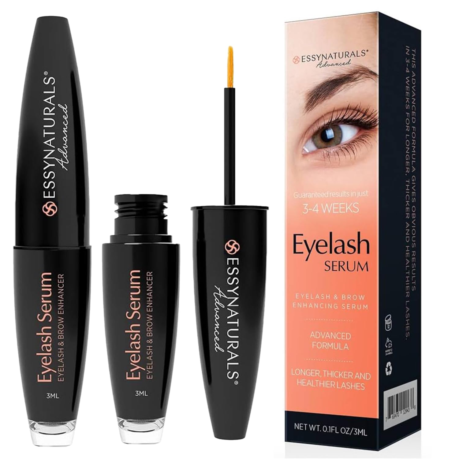EssyNaturals Eyelash Serum bottle promoting lash growth and conditioning.