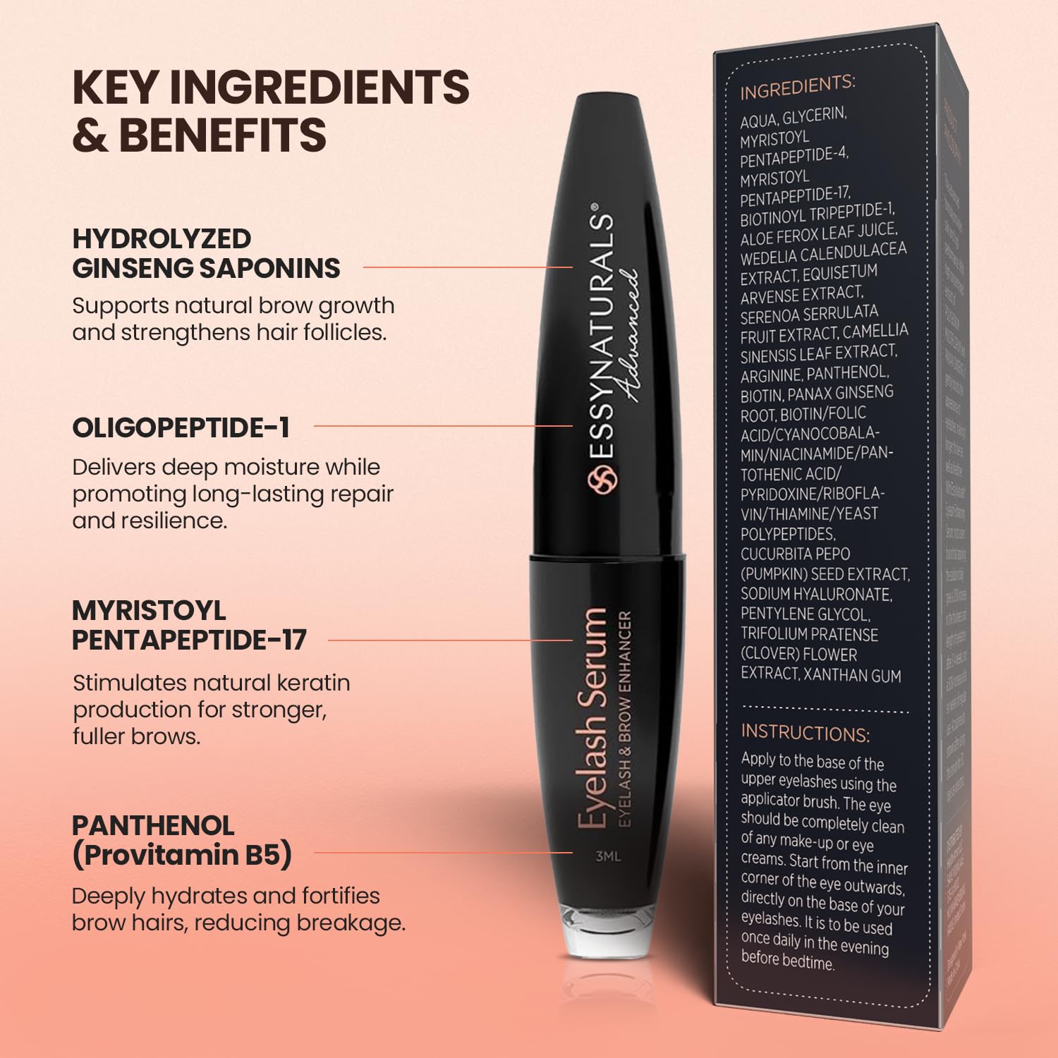 EssyNaturals Eyelash Serum on lash line demonstrates easy daily use.
