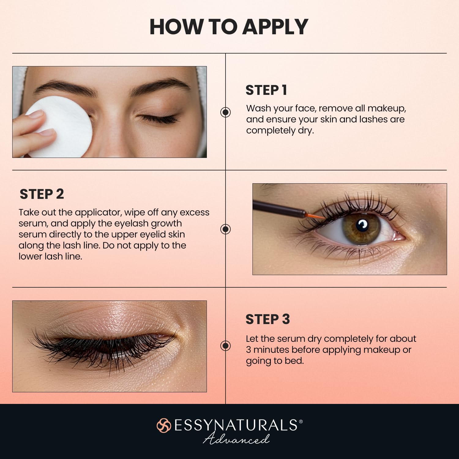 EssyNaturals Eyelash Serum texture close-up shows smooth serum.