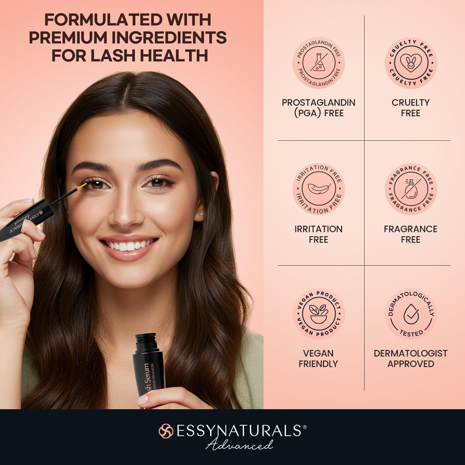 EssyNaturals Eyelash Serum with brows illustrates broader conditioning.