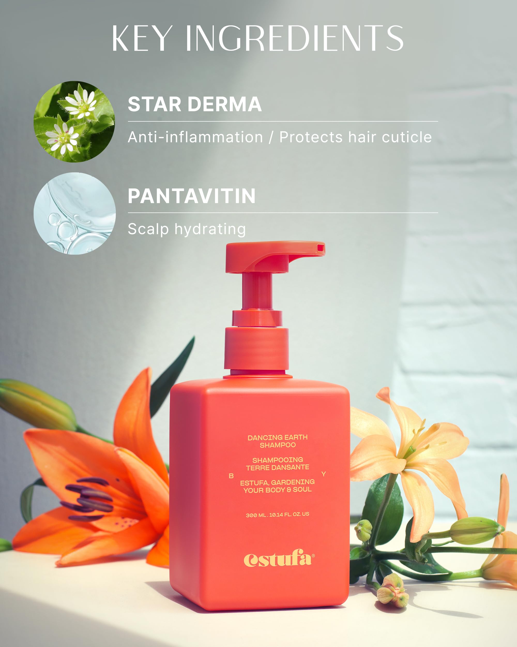 ESTUFA Dancing Earth Shampoo fragrance close-up conveys floral woody scent and refreshing shower experience.